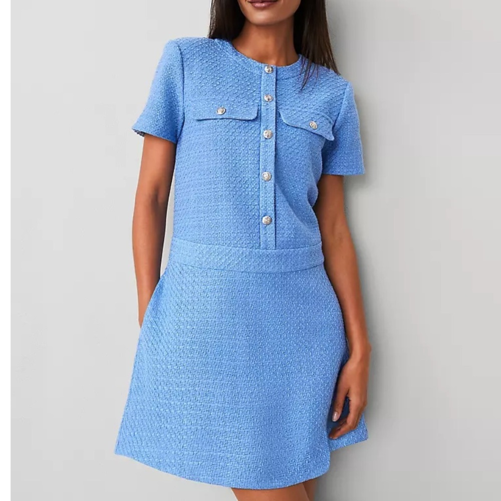 Ann Taylor Light Blue Textured Short-Sleeve Dress